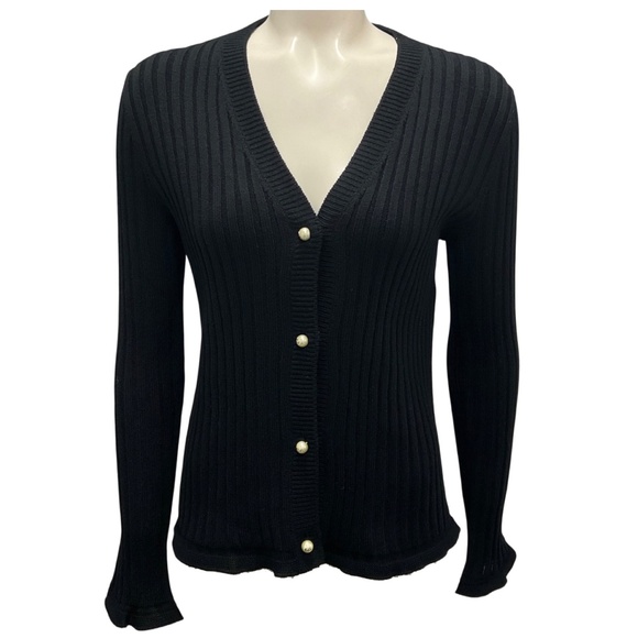 CHRISTIAN DIOR BLACK PEARL BUTTONED RIBBED KNIT CASHMERE CARDIGAN SWEATER - Picture 1 of 7
